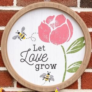 FARMHOUSE Home Decor Let Love Grow Honey Bees & Flowers 11.5" Round Wall Plaque